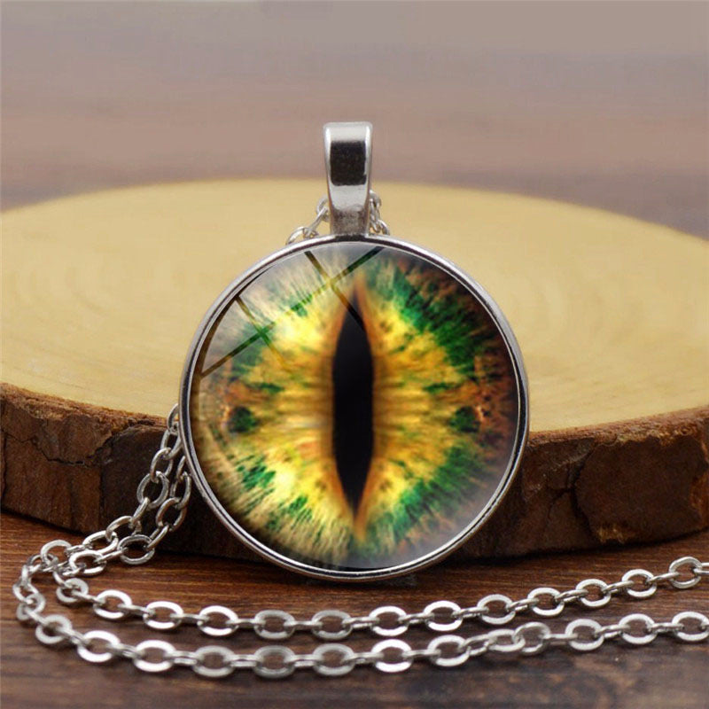 Vintage green cat eye photo locket necklace cabochon glass pendant